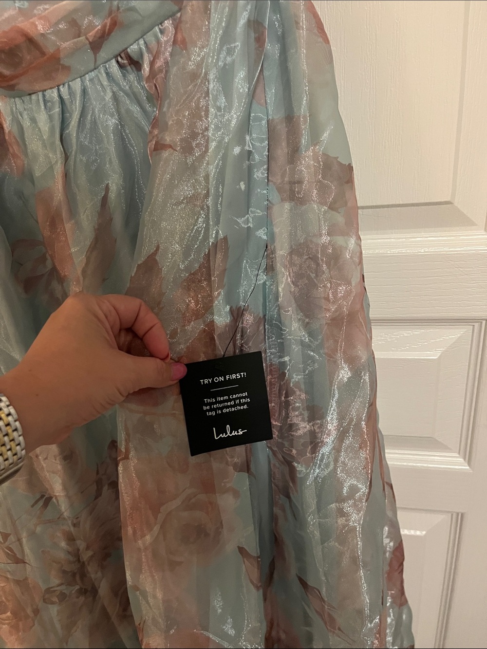 NWT LULUS Floral Organza Tie Shoulder Fairycore Wedding Guest Formal Ball Gown L - Picture 6 of 10